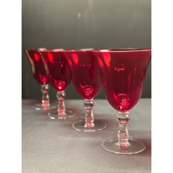 Set of 4 Ruby Red Goblets with Clear Stems – 7.5” Tall, Vintage Elegance - Picture 2 of 8